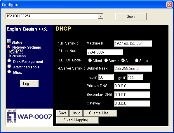 Меню настройки Level One WAP-0007