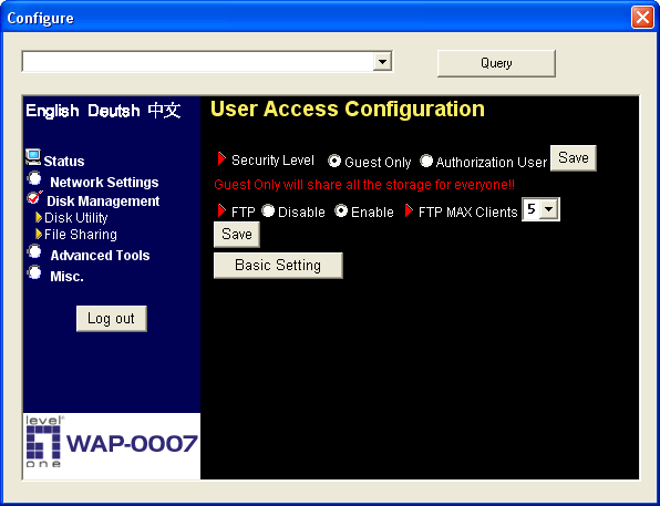 Меню настройки Level One WAP-0007